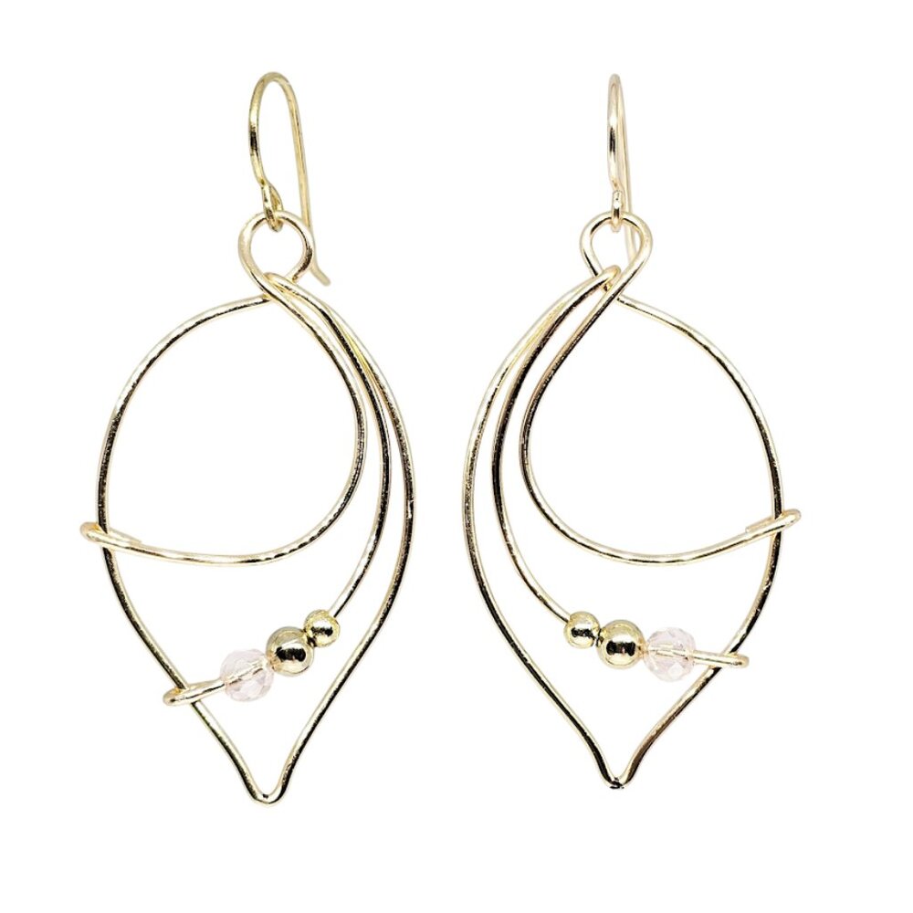 Handmade Gold Tone Leaf Dangle Earrings Pink Crystal Beads Boho Wire Wrap Drop